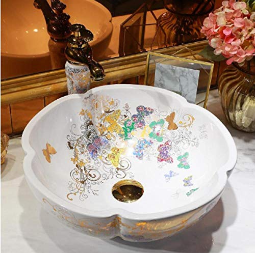 DWSS lavabo da appoggio Lavandino del bagno lavabo in ceramica fatto a mano piccolo lavabo da appoggio in ceramica fiore artigianale-D