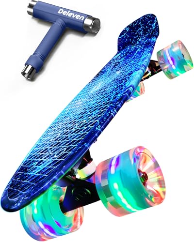 Deleven Skateboard 56cm con Ruote LED, Tool per Skate e Cuscinetti Abec 7 - Per Bambini Principianti Ragazze Ragazzi Adolescenti Adulti