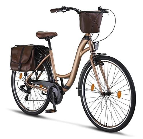 Licorne Bike Stella Plus Premium City Bike in alluminio da 28 pollici, per ragazze, ragazzi, uomini e donne, cambio a 21 marce, bicicletta olandese (28 pollici, oro)