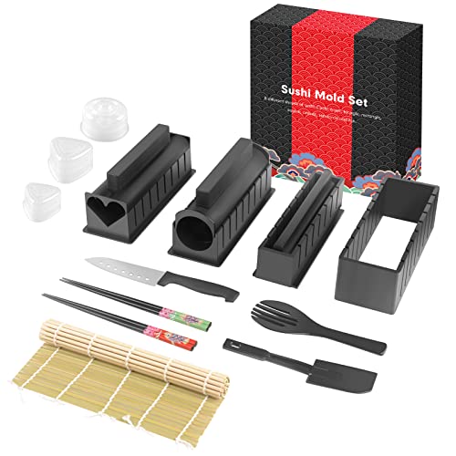 Sushi Maker Kit, SKYSER 17 Pezzi Sushi Maker Set per Principianti, 8 Stampi Sushi Making Kit Completo, Set Sushi Self Mat con Coltello Sushi Stampi per Palline di Riso e Bacchette - Nero
