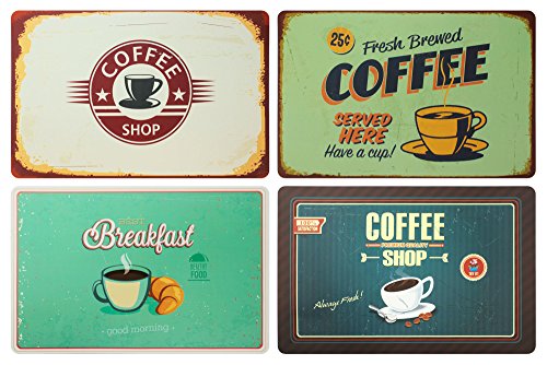 Set di 4 tovagliette da colazione: Look retrò caffè, coffee shop, breakfast, insegna cafè – tovagliette in plastica lavabile 43 x 28 cm
