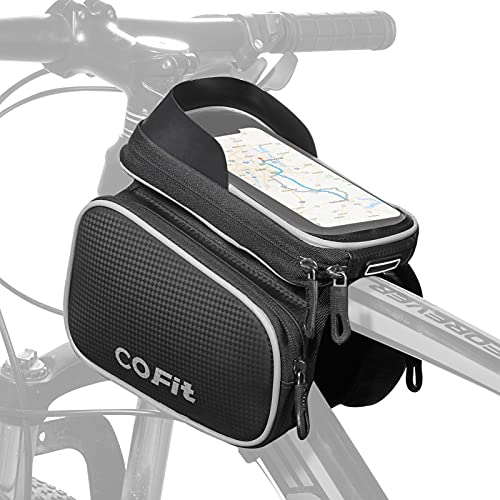 COFIT Borsa Telaio Bici con Nastri Riflettenti, Grande capacità Touch Screen Borsa Bici Telaio con Supporto per Telefono Impermeabile Borsa da Manubrio per Bicicletta (Grigio)