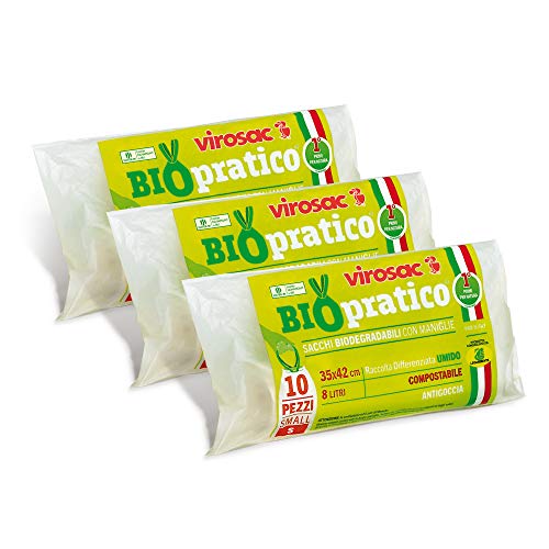 VIROSAC Biopratico - Sacchetti Per Rifiuti Biodegradabili 35x42, con maniglie estraibili, 10 pezzi per rotolo, kit da 3 rotoli