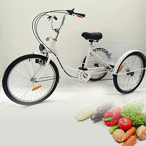 Bicicletta da 24 pollici per adulti, 6 marce, 3 ruote con luce e cestino, per adulti, triciclo bianco, per anziani e picnic